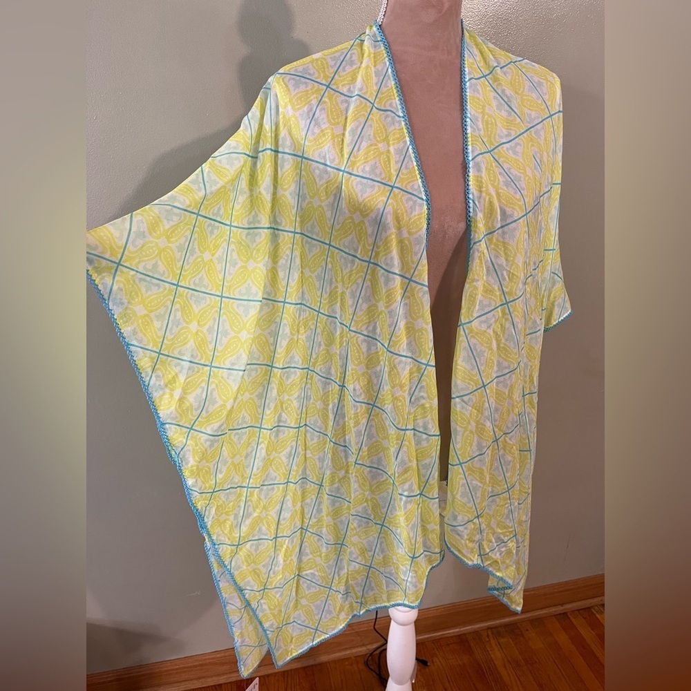 Echo Yellow and Blue Patterned Kimono Swim Cover Up NWT OS